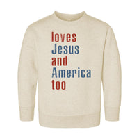 Loves Jesus and America Too Baby Shirt, Onesie, Baby Bodysuit, Toddler Sweatshirt - Patriotic Religious Outfit, Christian Baby Gift USA