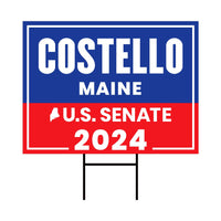 a blue and red sign that says costello maine