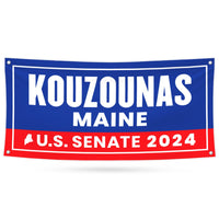 a red, white and blue banner that says kouzounas maine