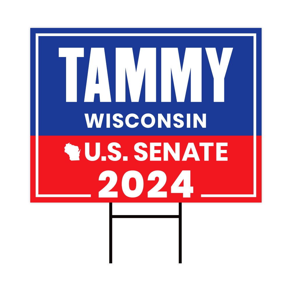 a red, white and blue political sign with the name of the state of wisconsin