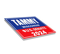 a red, white and blue sticker with the words tammy wisconsin on it