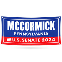 a red, white and blue political banner with the words,