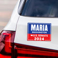 a white car with a red and blue license plate