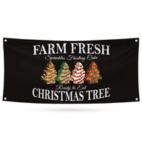 Farm Fresh Christmas Banner Sign, Christmas Tree Cake, Holiday, Winter, Xmas Tree, Merry Christmas Welcome Vinyl Banner with Metal Grommets