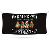Farm Fresh Christmas Banner Sign, Christmas Tree Cake, Holiday, Winter, Xmas Tree, Merry Christmas Welcome Vinyl Banner with Metal Grommets