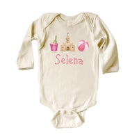 Personalized Girls Summer Onesie, Baby Bodysuit, Baby Shirt, Toddler Sweatshirt - Sandcastle Name Outfit, Custom Personalized Girl Gift
