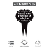 Please Leave Packages at Side Door Yard Sign 10” x 14” - Rust-free Aluminum. Package Delivery Outdoor Sign, Yard Sign with Integrated Stake