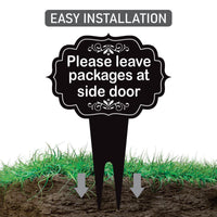 Please Leave Packages at Side Door Yard Sign 10” x 14” - Rust-free Aluminum. Package Delivery Outdoor Sign, Yard Sign with Integrated Stake