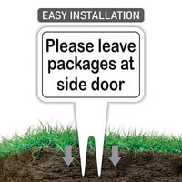 Please Leave Packages at Side Door Yard Sign 10” x 14” - Rust-free Aluminum. Package Delivery Outdoor Sign, Yard Sign with Integrated Stake