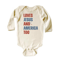 Loves Jesus and America Too Onesie, Baby Bodysuit, Baby Shirt, Toddler Sweatshirt - Patriotic Religious Outfit, Christian Baby Gift USA