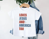 Loves Jesus and America Too Onesie, Baby Bodysuit, Baby Shirt, Toddler Sweatshirt - Patriotic Religious Outfit, Christian Baby Gift USA