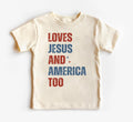 Loves Jesus and America Too Onesie, Baby Bodysuit, Baby Shirt, Toddler Sweatshirt - Patriotic Religious Outfit, Christian Baby Gift USA
