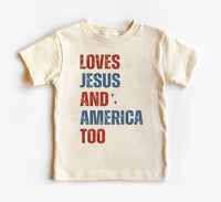 Loves Jesus and America Too Onesie, Baby Bodysuit, Baby Shirt, Toddler Sweatshirt - Patriotic Religious Outfit, Christian Baby Gift USA
