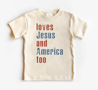 Loves Jesus and America Too Baby Shirt, Onesie, Baby Bodysuit, Toddler Sweatshirt - Patriotic Religious Outfit, Christian Baby Gift USA
