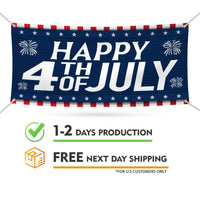 Happy 4th of July Banner Sign - 13 oz Heavy Duty Waterproof Blue Red Stars, Independence Day Patriotic Vinyl Banner with Metal Grommets
