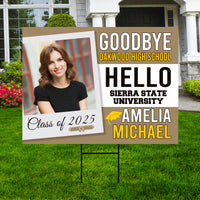 Personalized College Bound Yard Sign, College Logo Sign, Class of 2025 Custom Goodbye High School Hello College Yard Sign with Metal H-Stake