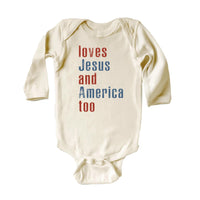 Loves Jesus and America Too Baby Shirt, Onesie, Baby Bodysuit, Toddler Sweatshirt - Patriotic Religious Outfit, Christian Baby Gift USA