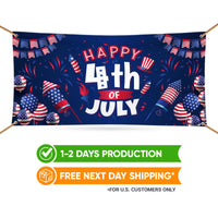 Happy 4th of July Banner Sign - 13 oz Heavy Duty Waterproof Blue Red Stars, Independence Day Patriotic Vinyl Banner with Metal Grommets