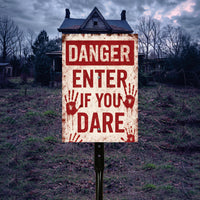 Danger Enter If You Dare Halloween Yard Sign with 16" Stake, Rust-Free Aluminum Scary Garden Decoration, Outdoor Haunted House Warning Sign