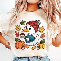 Trendy Cute Fall Duck Shirt, Cozy Autumn Coffee Shirt, Pumpkin Patch Duck Tee