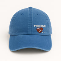 Football Heart Embroidered Hat with Name & Number, Custom Baseball Cap or Ponytail Style, Personalized Football Mom Gift, Team Spirit Cap