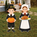 Thanksgiving Pilgrim Yard Signs, Boy and Girl with Pumpkin and Turkey Lawn Decorations, Autumn Harvest Outdoor Garden Patio Fall Décor