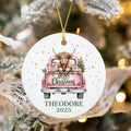 Personalized Pink Highland Cow Ornament, Watercolor Christmas Ornament for Kids, Custom Name & Year Ceramic Ornament, Holiday Gift Keepsake