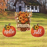 Hello Fall Pumpkin Yard Signs, Outdoor Welcome Garden Stakes, Farmhouse Autumn Harvest Lawn Decorations for Thanksgiving Patio Walkway Décor