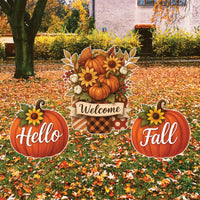 Hello Fall Pumpkin Yard Signs, Outdoor Welcome Garden Stakes, Farmhouse Autumn Harvest Lawn Decorations for Thanksgiving Patio Walkway Décor