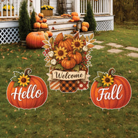 Hello Fall Pumpkin Yard Signs, Outdoor Welcome Garden Stakes, Farmhouse Autumn Harvest Lawn Decorations for Thanksgiving Patio Walkway Décor