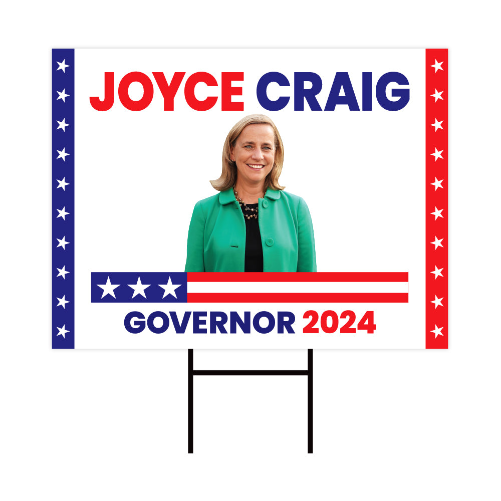 a political sign with a woman in a green jacket