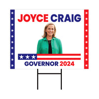 a political sign with a woman in a green jacket