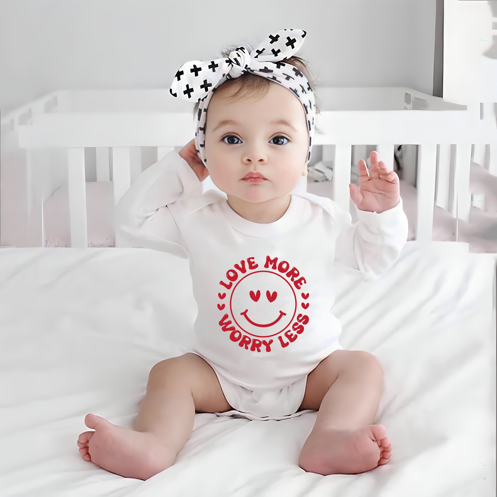 Valentine's Day Baby Shirt, Love More Worry Less Baby Outfit