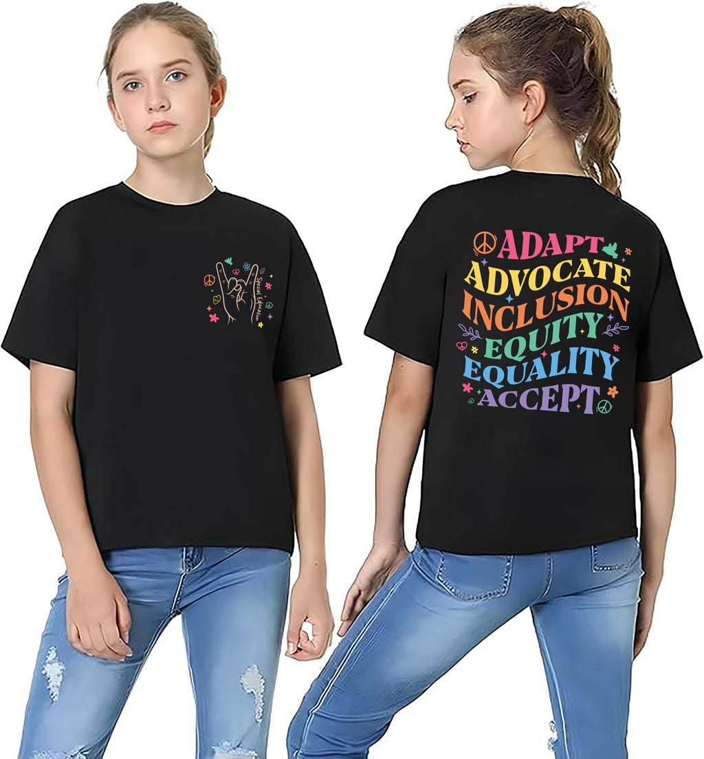 Adapt Advocate Inclusion Equality Equity Accept Shirt, Special Education Teacher, Autism Awareness Tee, Front Back