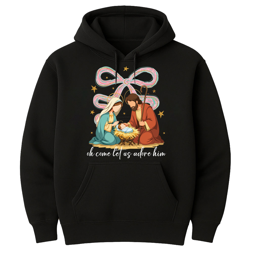Jesus Christmas Coquette Bow Hoodie, Oh Come Let Us Adore Him Shirt, Nativity Scene Hoodie