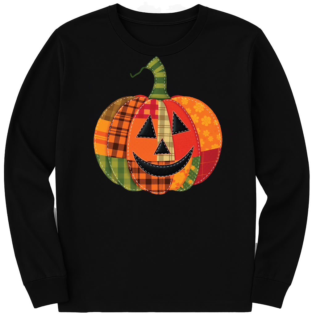 Patchwork Pumpkin Long Sleeve Shirt, Halloween Patchwork Tee, Cute Jack-o’-Lantern Top