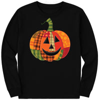 Patchwork Pumpkin Long Sleeve Shirt, Halloween Patchwork Tee, Cute Jack-o’-Lantern Top
