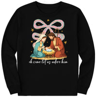 Jesus Christmas Coquette Bow Long Sleeve Shirt, Oh Come Let Us Adore Him Shirt, Nativity Scene Tee