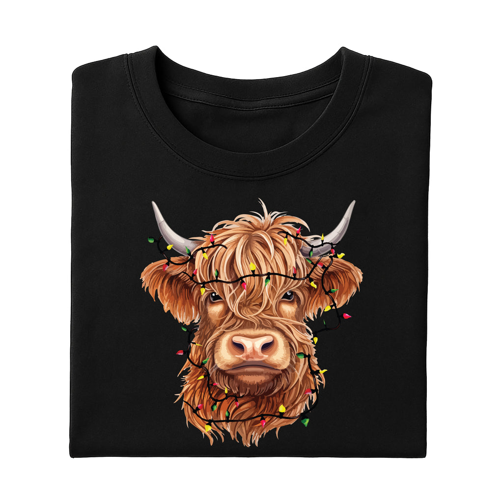 Highland Cow Christmas Shirt, Cow with Christmas Lights Shirt, Holiday Western Farm Tee