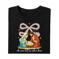 Jesus Christmas Coquette Bow Shirt, Oh Come Let Us Adore Him Shirt, Nativity Scene Tee