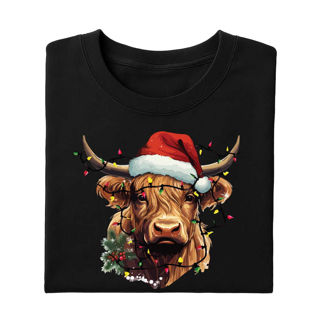 Highland Cow Christmas Shirt, Cow with Christmas Lights Shirt, Holiday Western Farm Tee