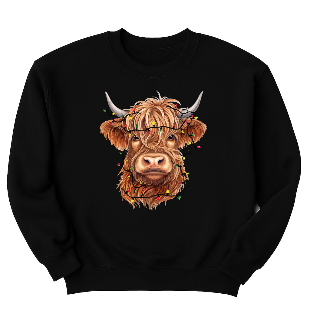 Highland Cow Christmas Sweatshirt, Cow with Christmas Lights Shirt, Holiday Western Farm Sweatshirt