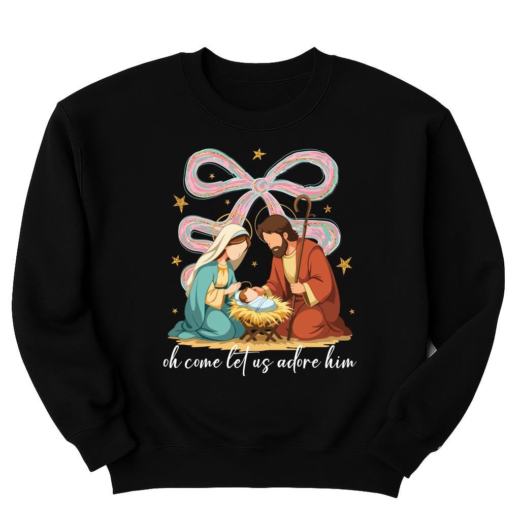 Jesus Christmas Coquette Bow Sweatshirt, Oh Come Let Us Adore Him Shirt, Nativity Scene Sweatshirt