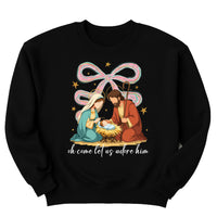 Jesus Christmas Coquette Bow Sweatshirt, Oh Come Let Us Adore Him Shirt, Nativity Scene Sweatshirt