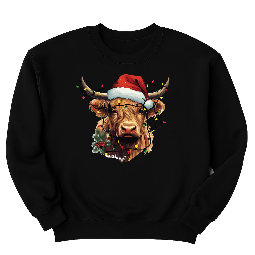 Highland Cow Christmas Sweatshirt, Cow with Christmas Lights Shirt, Holiday Western Farm Sweatshirt
