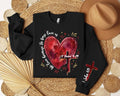 Heart Cross Valentine Jesus Sweatshirt, We Love Because He First Loved Us Tee, Valentine Bible Verse Sweatshirt, Front Sleeve