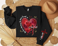 Heart Cross Valentine Jesus Sweatshirt, We Love Because He First Loved Us Tee, Valentine Bible Verse Sweatshirt, Front Sleeve
