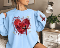 Heart Cross Valentine Jesus Sweatshirt, We Love Because He First Loved Us Tee, Valentine Bible Verse Sweatshirt, Front Sleeve