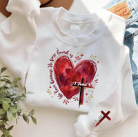 Heart Cross Valentine Jesus Sweatshirt, We Love Because He First Loved Us Tee, Valentine Bible Verse Sweatshirt, Front Sleeve