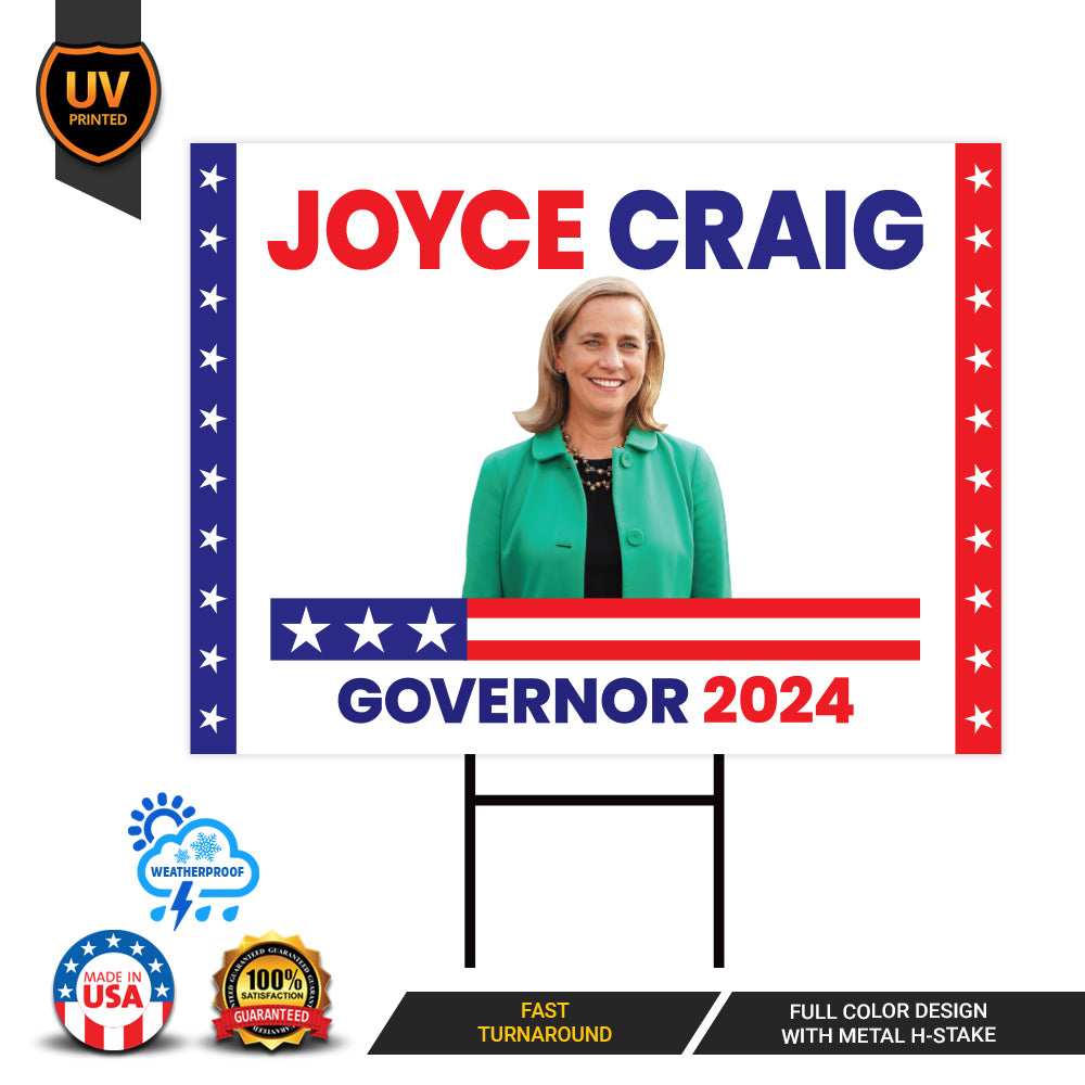 a political sign with a woman standing in front of it